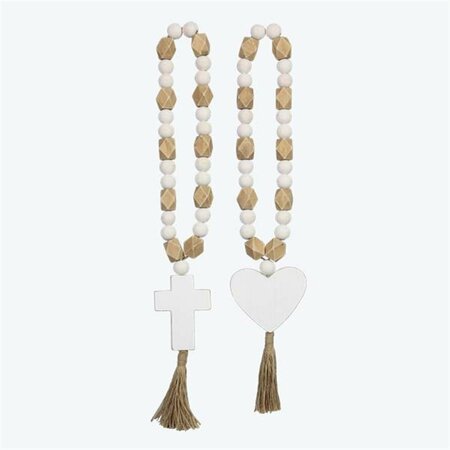 YOUNGS 17.5 in. Wood Bead with Cross & Heart Attachment, Assorted Style - Set of 2 21629